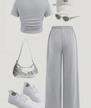 Casual Zomer Set voor Meisjes: T-shirt met Knopen & Wijde Broek - Grijs (5-13 jaar)