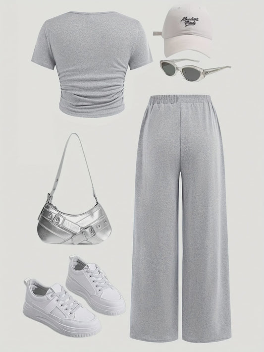 Casual Zomer Set voor Meisjes: T-shirt met Knopen & Wijde Broek - Grijs (5-13 jaar)