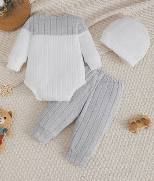 Baby Jongen Set: Longsleeve Bodysuit, Broekje & Muts - Kleurblok Design (0-18 Maanden)