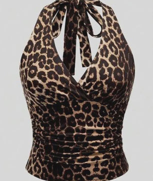 Zomerse Retro Leopard Print Top met Gekruiste Rugband - Mouwloze Camisole Vest