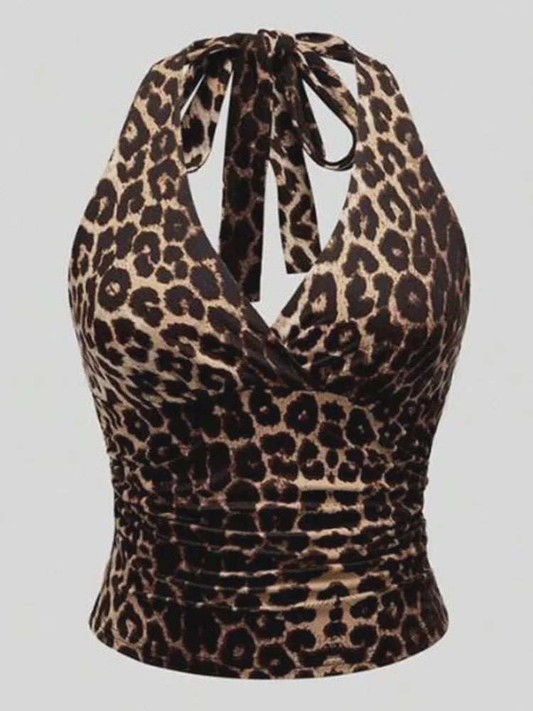 Zomerse Retro Leopard Print Top met Gekruiste Rugband - Mouwloze Camisole Vest