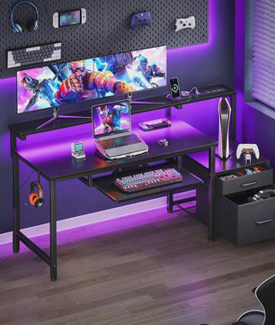 Coleshome Gaming Bureau met Ingebouwde Stopcontacten, Monitorstandaard en 2 Stoffen Lades (140x48cm, Zwart)