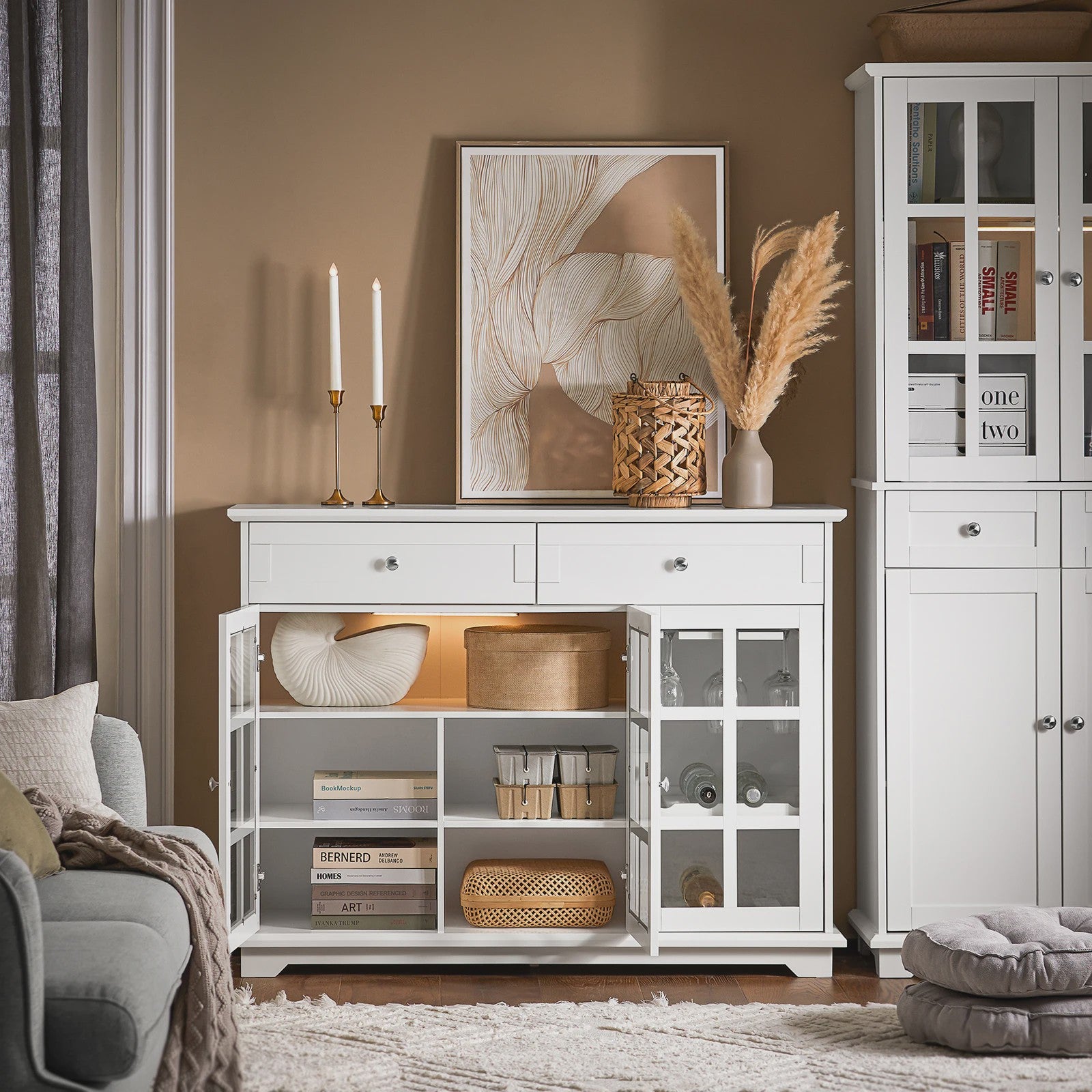 Witte Keuken Buffetkast met Glazen Deuren - Keuken Eiland, Sideboard, Bar & Eettafel