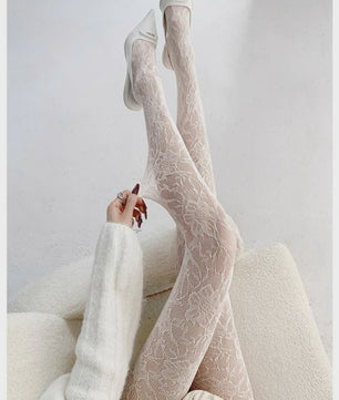 Dames Panty met Bloemenpatroon en Hoge Taille - Sexy Witte Visnet Mesh Sokken voor de Zomer