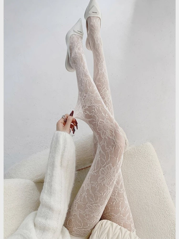 Dames Panty met Bloemenpatroon en Hoge Taille - Sexy Witte Visnet Mesh Sokken voor de Zomer