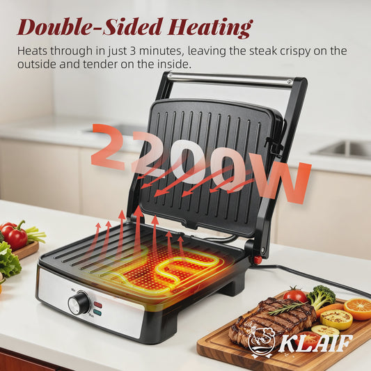Dubbelzijdige Contactgrill 2200W - Panini Maker & BBQ met Precisie Temperatuurregeling