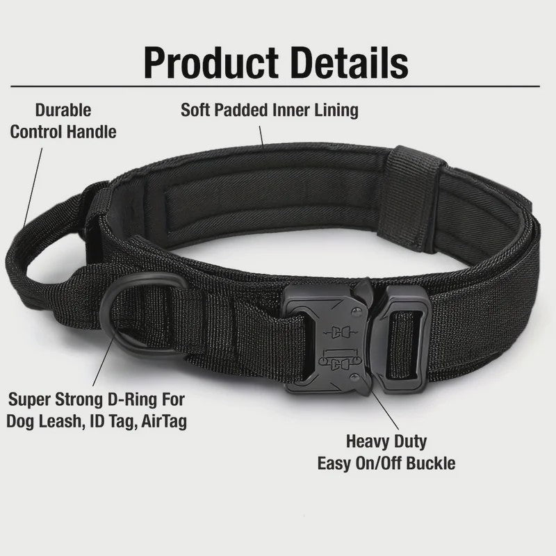 Tactische Hondenhalsband - Verstelbaar Militair Nylon Halsband met Handvat & Metalen Gesp