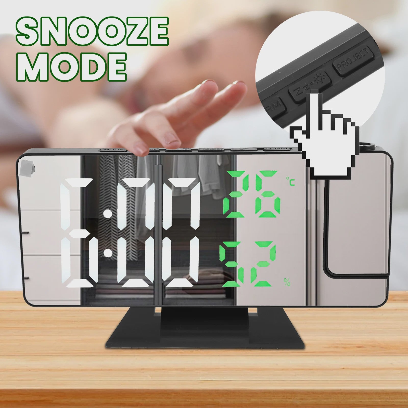 Moderne LED Digitale Projectiewekker met Spiegel & 180° Draaibare Projector