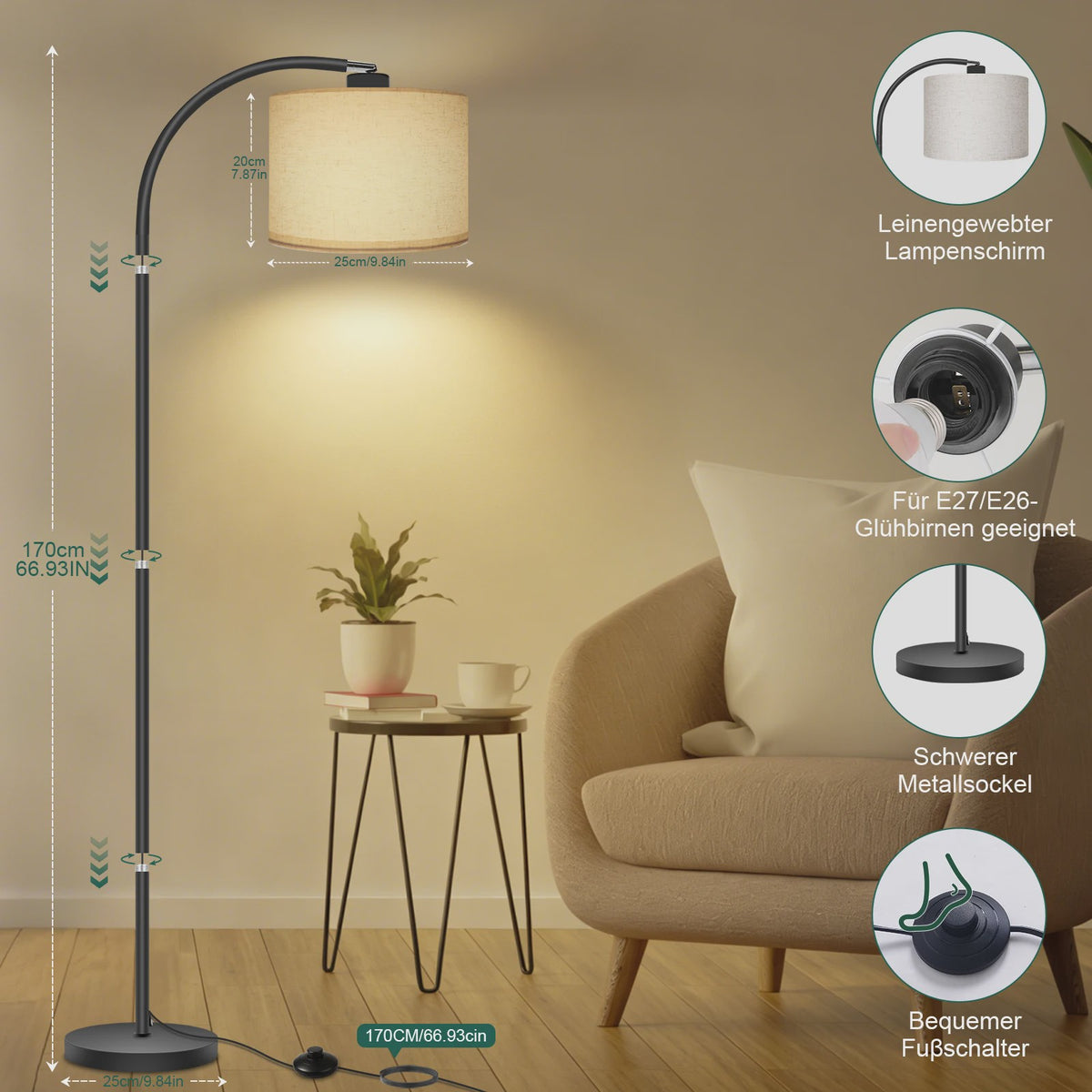Verstelbare Boog Vloerlamp met Linnen Kap - 12W Warm Wit Licht
