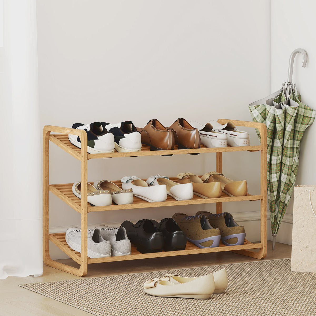 HOMCOM Bamboe Schoenenrek 3 Niveaus - Ruim 12 Paren Schoenen - 76x33x50,8cm - Natuurlijk Hout