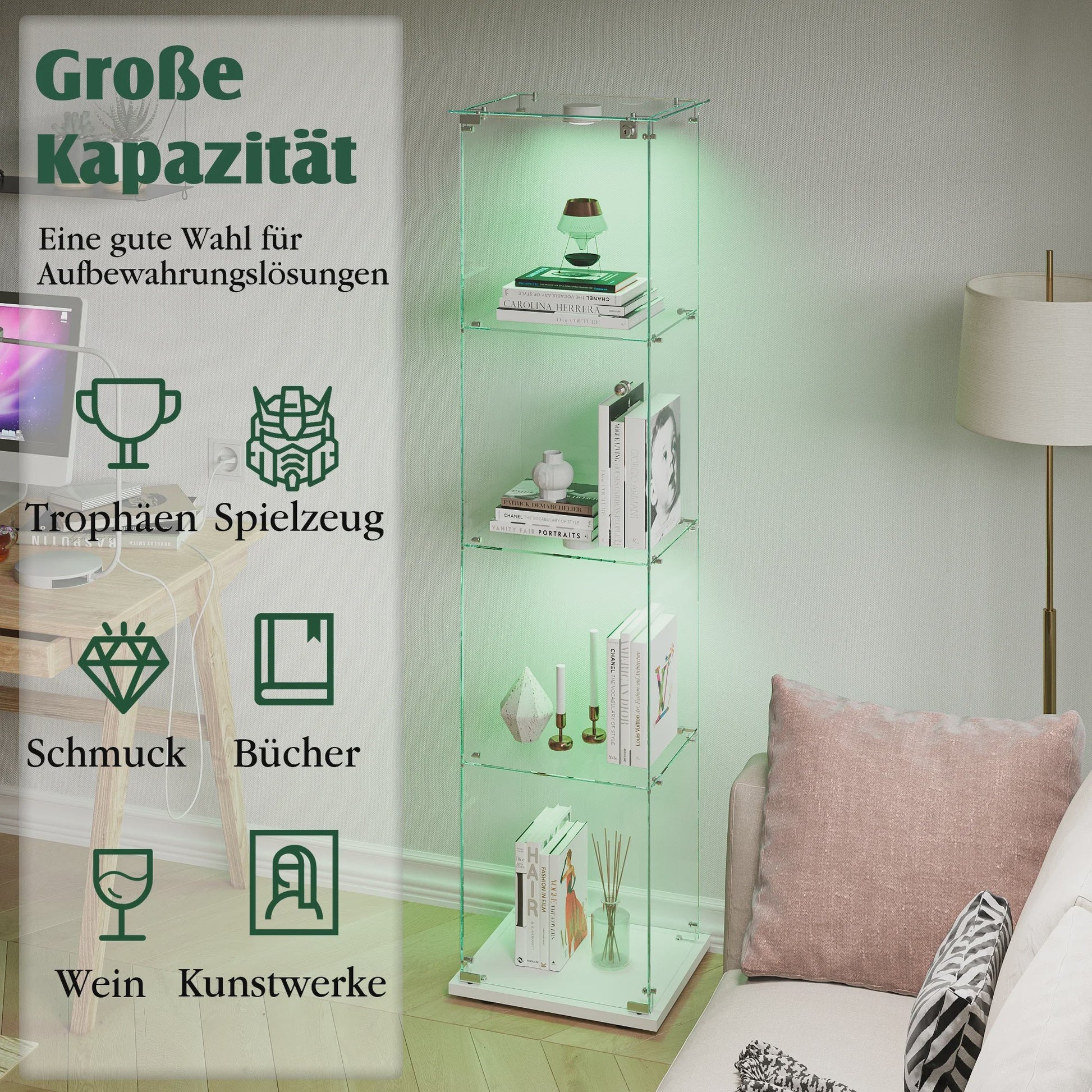 Glazen Vitrinekast met LED Verlichting - 4 Lagen, 1 Deur - Stijlvolle Opbergkast voor Verzamelingen