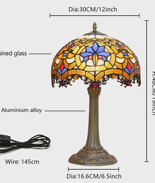 Vintage Gebrandschilderd Glas Tafellamp - Pauwstaart Stijl