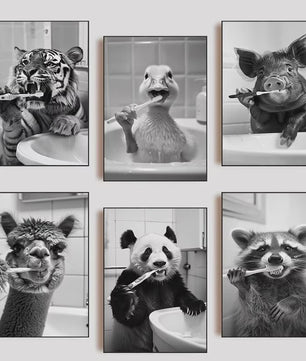 Grappige Zwart-Wit Canvas Poster: Schattige Dieren Poetsen Tanden - Muurdecoratie