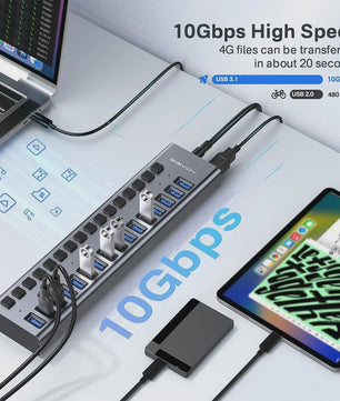 Acasis 16-Poorts USB Hub 10Gbps met Individuele Schakelaars & Snelle Data Transfer