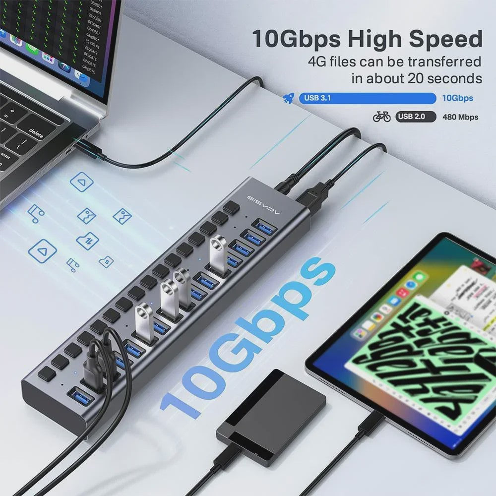 Acasis 16-Poorts USB Hub 10Gbps met Individuele Schakelaars & Snelle Data Transfer