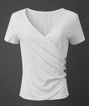 Dameswikkel T-shirt met korte mouwen en knoopdetails