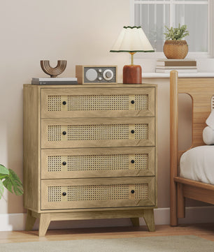 HOMCOM Commode met 4 Lades en Rotan Fronten - 80x35x95 cm - Licht Hout