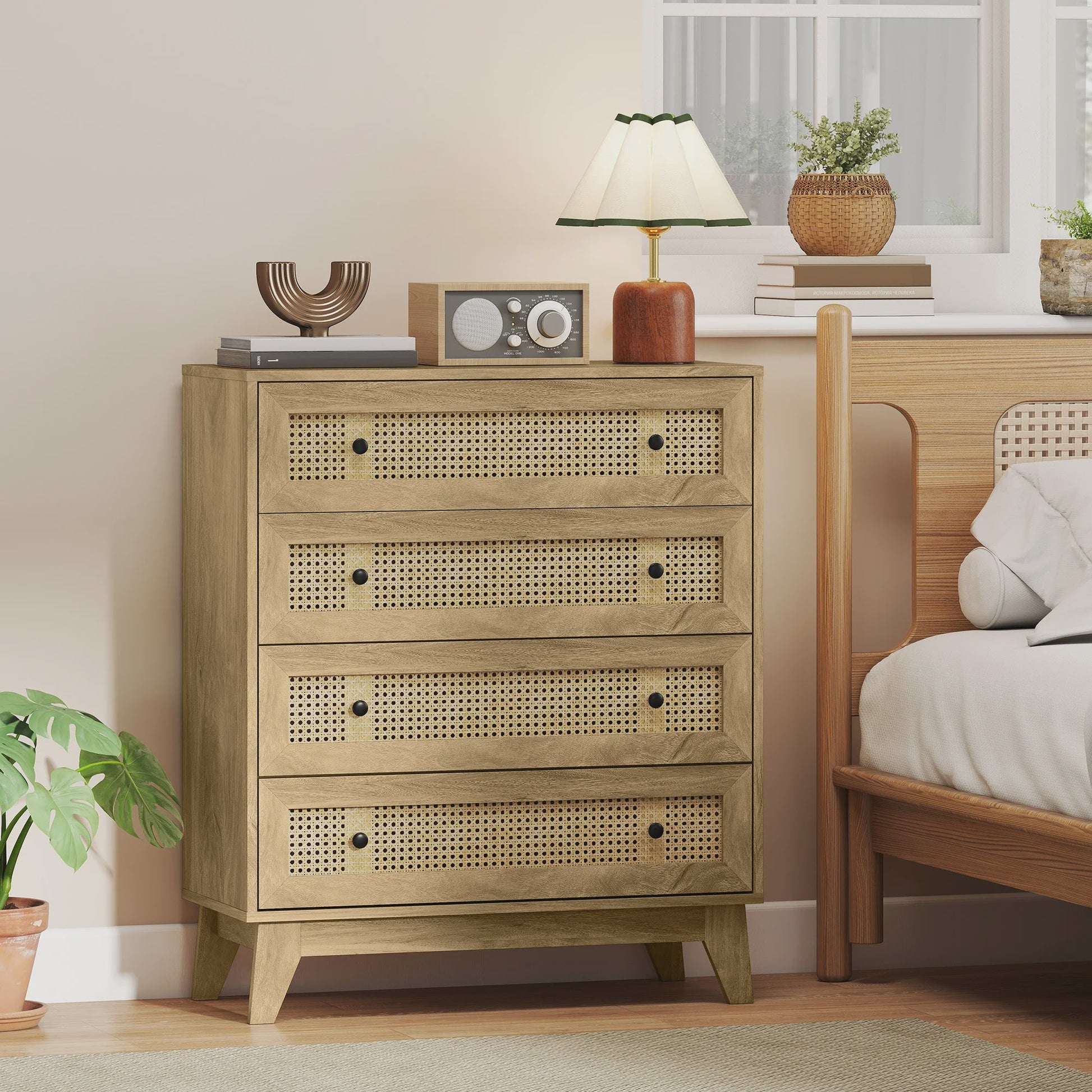 HOMCOM Commode met 4 Lades en Rotan Fronten - 80x35x95 cm - Licht Hout