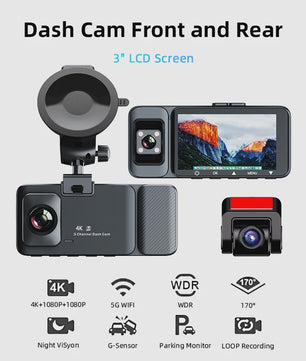4K 3-Kanaals Dashcam met Infrarood Interne Camera, WIFI, GPS & Parkeermodus - 3'' LCD
