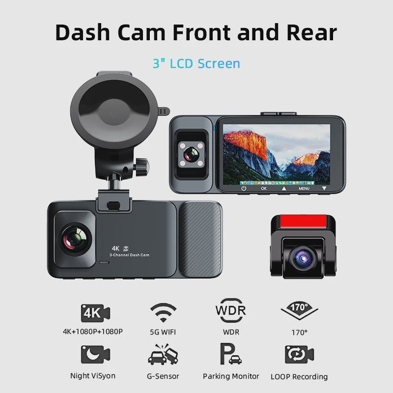 4K 3-Kanaals Dashcam met Infrarood Interne Camera, WIFI, GPS & Parkeermodus - 3'' LCD