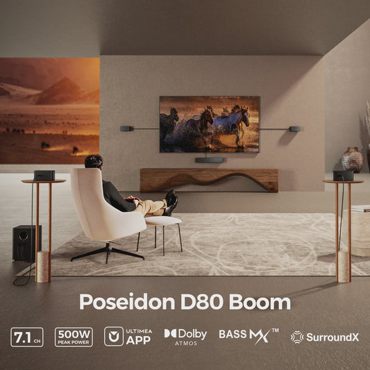 ULTIMEA Poseidon D80 Boom Soundbar: 7.1ch Dolby Atmos, 500W, Draadloze Subwoofer & 4 Surround Speakers, App Bediening