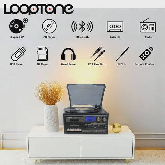 LoopTone Vintage 3-in-1 Platenspeler met Bluetooth, CD, Cassette, Radio & USB Opname