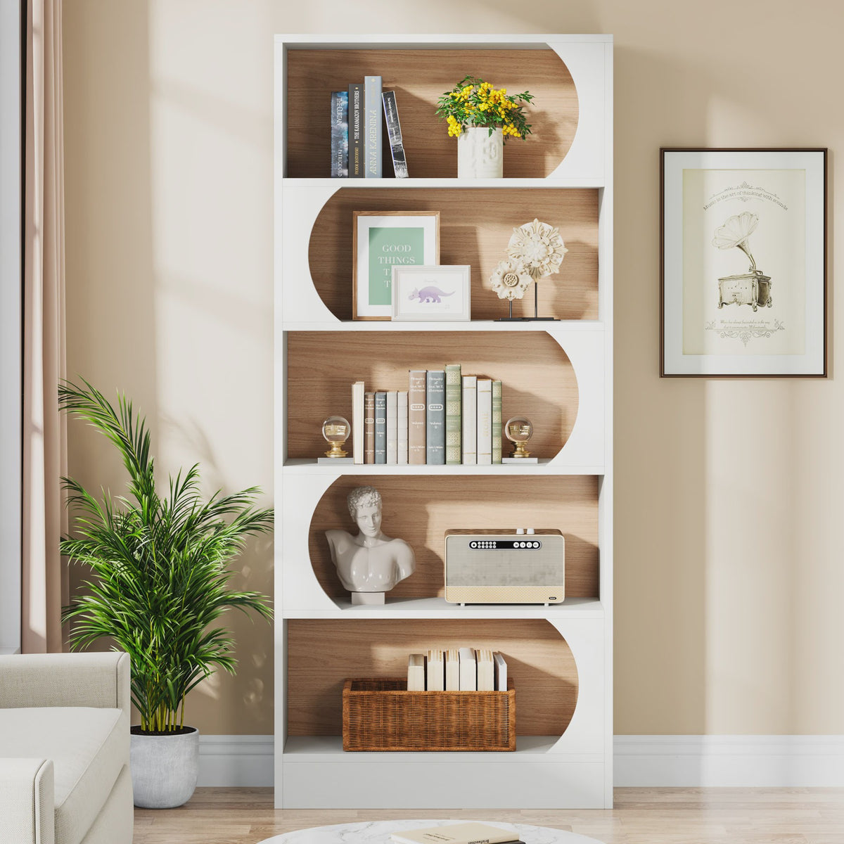 Stijlvolle Boekenkast 5 Lagen - Wit & Walnoot - 180cm Hoog