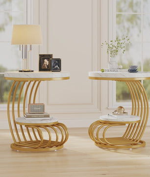 Moderne Ronde Bijzettafel met 2 Niveaus en Marmerlook - Wit Goud