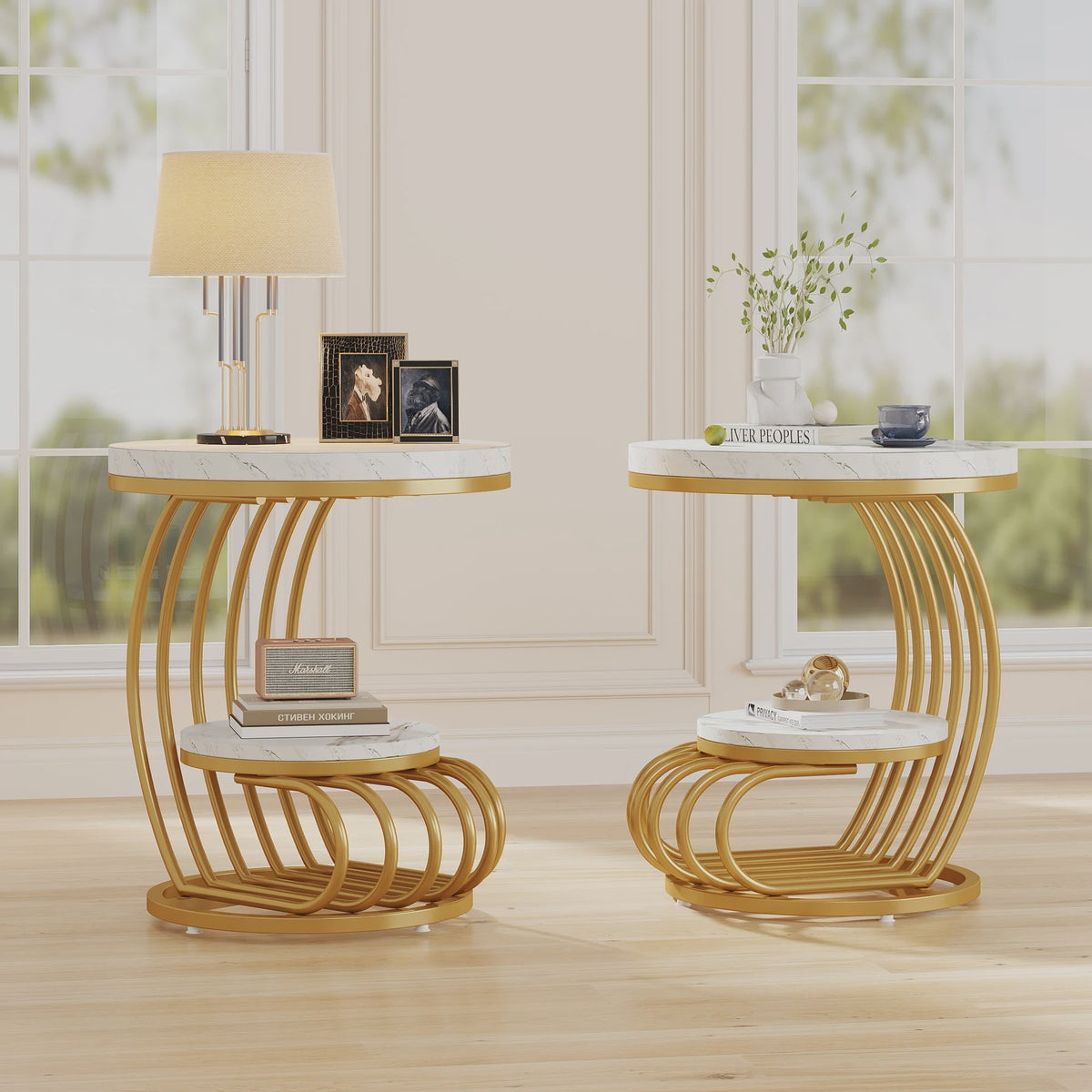 Moderne Ronde Bijzettafel met 2 Niveaus en Marmerlook - Wit Goud