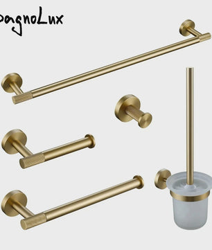 Luxe Geborsteld Gouden Badkamer Accessoires Set: Handdoekrek, Haak, Toiletrolhouder & Borstelhouder