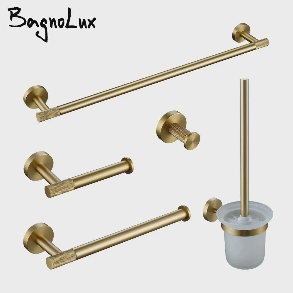 Luxe Geborsteld Gouden Badkamer Accessoires Set: Handdoekrek, Haak, Toiletrolhouder & Borstelhouder