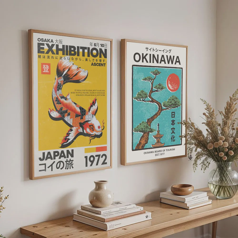 Japanse Koi Vis & Okinawa Vintage Poster - Japandi Wanddecoratie