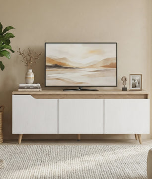 Moderne TV Meubel met 3 Deuren - 120cm Breed - Eiken & Wit