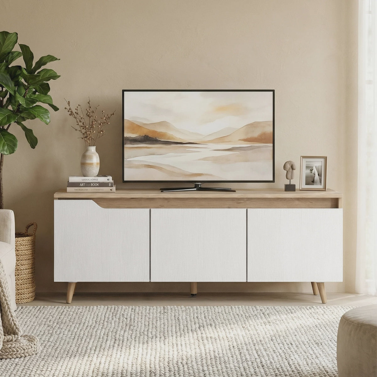 Moderne TV Meubel met 3 Deuren - 120cm Breed - Eiken & Wit