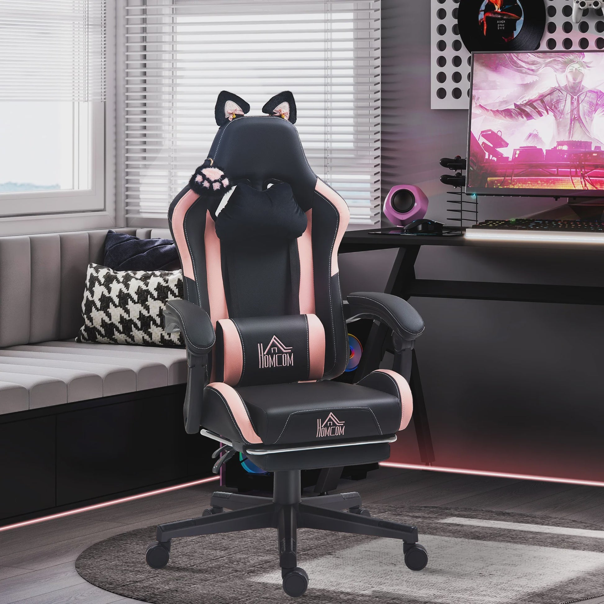 HOMCOM Ergonomische Gaming Stoel met Kattenoren - Verstelbaar & Comfortabel - Zwart