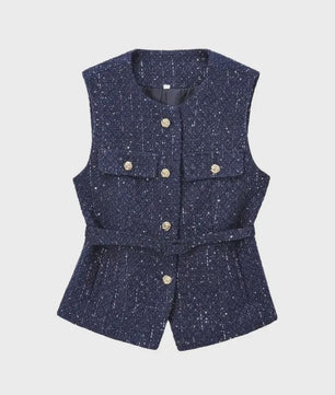 Chic Dames Gilet van Tweed met Riem - Mouwloos & Stijlvol Bovenstuk