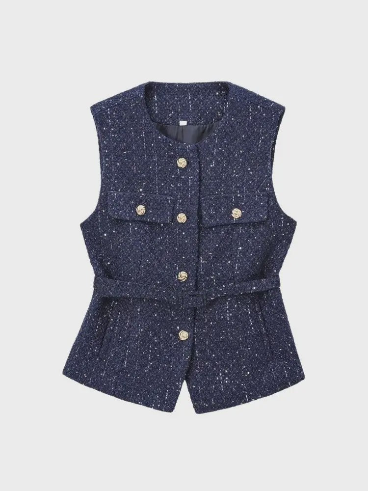 Chic Dames Gilet van Tweed met Riem - Mouwloos & Stijlvol Bovenstuk