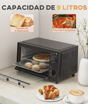 Homcom Mini Elektrische Oven 9L - Compacte Keukenoven met Timer & Temperatuurregeling
