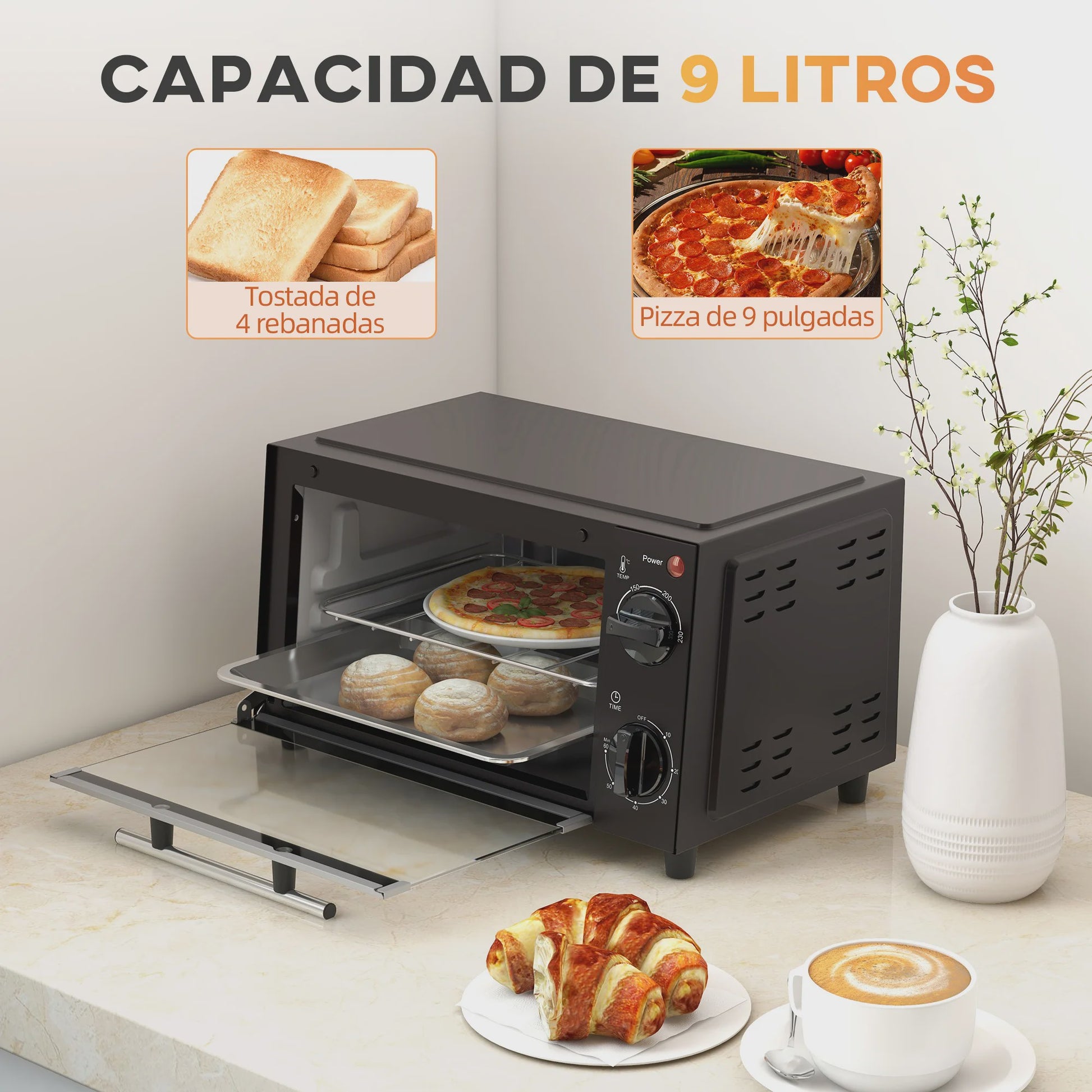 Homcom Mini Elektrische Oven 9L - Compacte Keukenoven met Timer & Temperatuurregeling