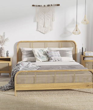 Set van 2 Nachtkastjes met Rotan Deur en Open Nis - Vintage Design - 39x35x60 cm