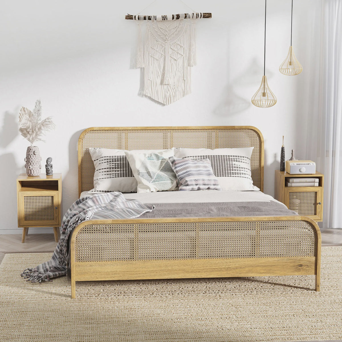 Set van 2 Nachtkastjes met Rotan Deur en Open Nis - Vintage Design - 39x35x60 cm