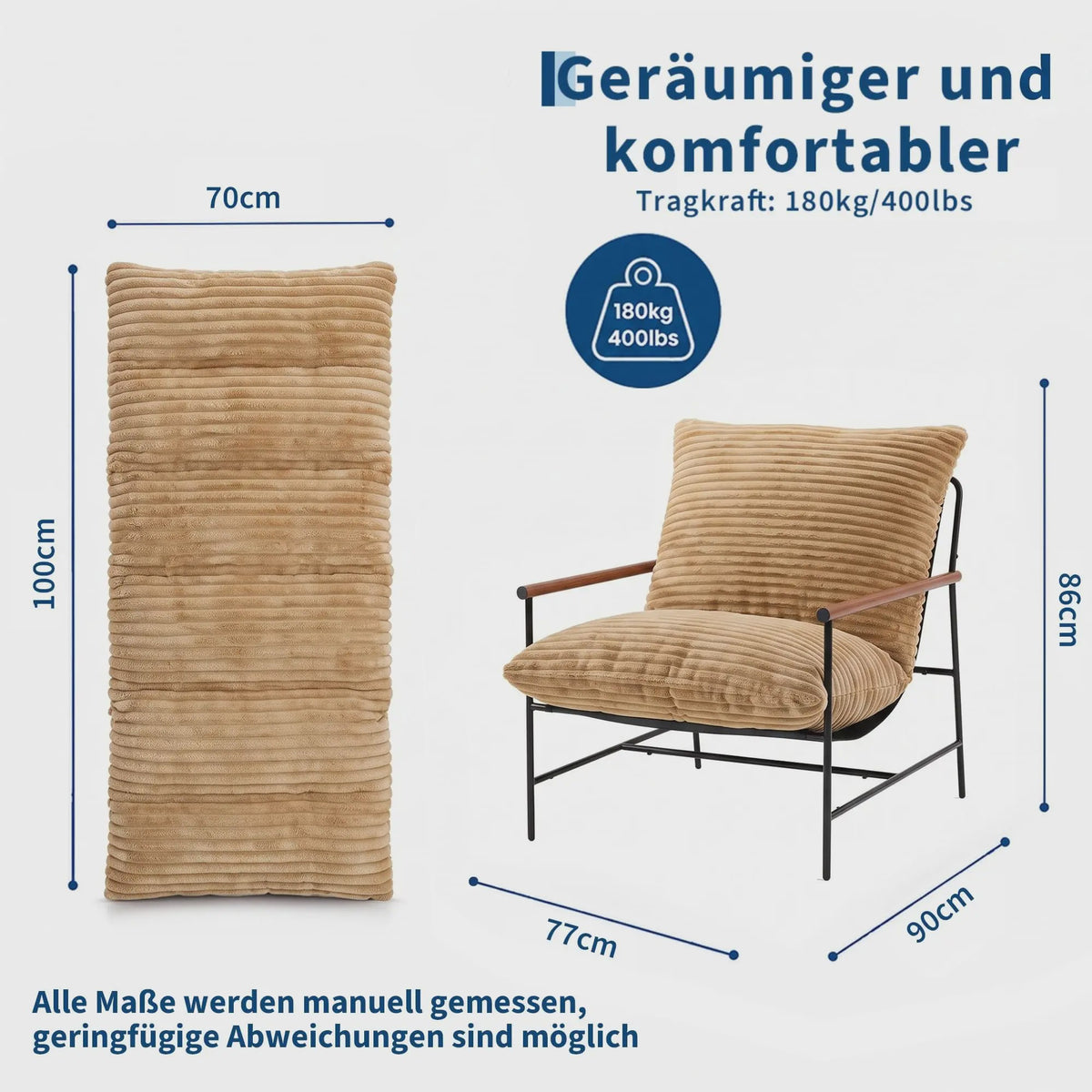 Oversized Corduroy Fauteuil - 70cm Breed - Luxe Lounge Stoel met Metalen Frame - 180kg Draagvermogen