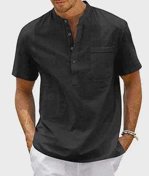 Herenshirt met Hennekhals en Borstzak - Korte Mouw, Katoen Linnen Mix - Casual & Vintage Stijl