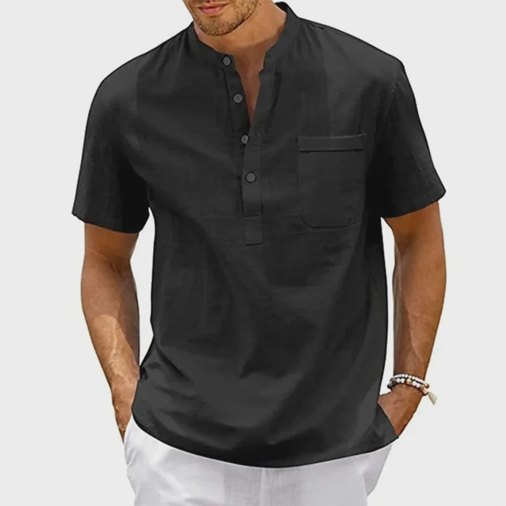Herenshirt met Hennekhals en Borstzak - Korte Mouw, Katoen Linnen Mix - Casual & Vintage Stijl