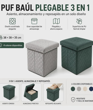 3-in-1 Opvouwbare Fluwelen Opberg Poef met Diamant Design - 38x38x35cm