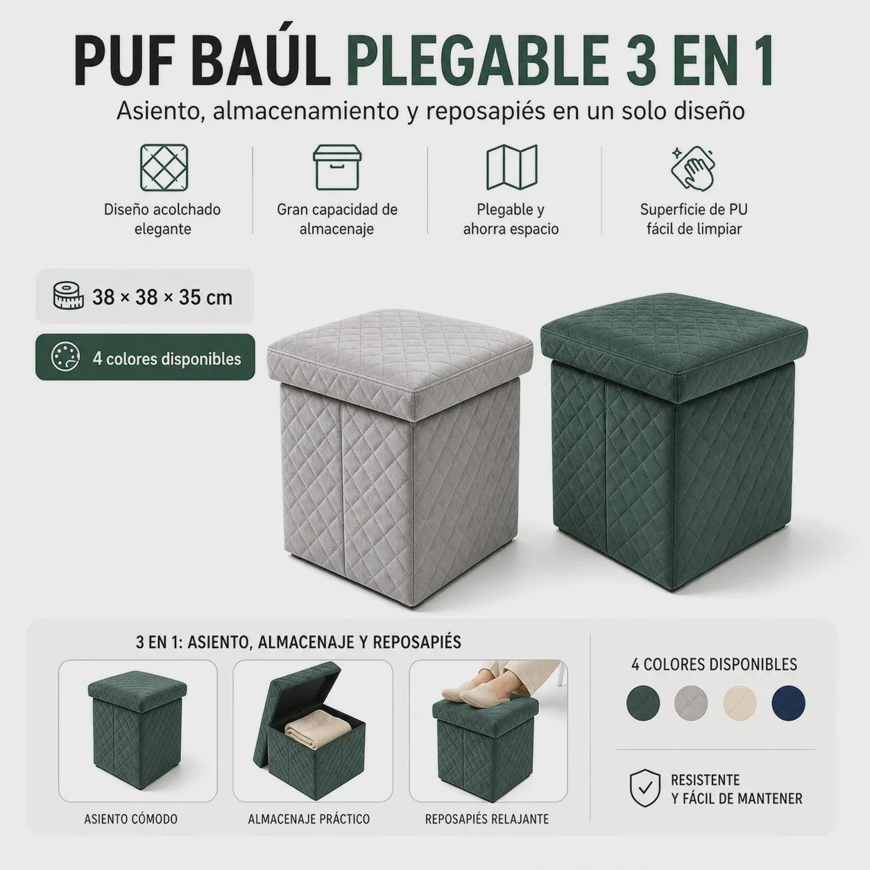 3-in-1 Opvouwbare Fluwelen Opberg Poef met Diamant Design - 38x38x35cm