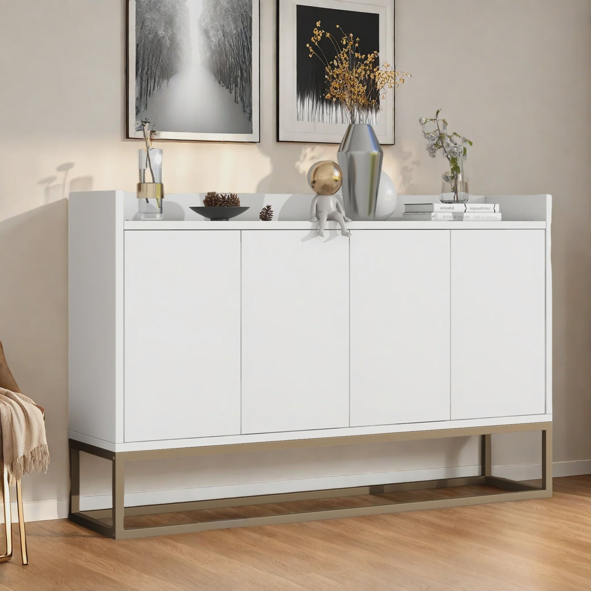 Modern Dressoir met 4 Deuren en Handgreep-loos Design - Wit, Zwart of Blauw
