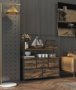 Stijlvolle Opbergkast met 5 Stoffen Lades en Open Planken - Industrieel Design