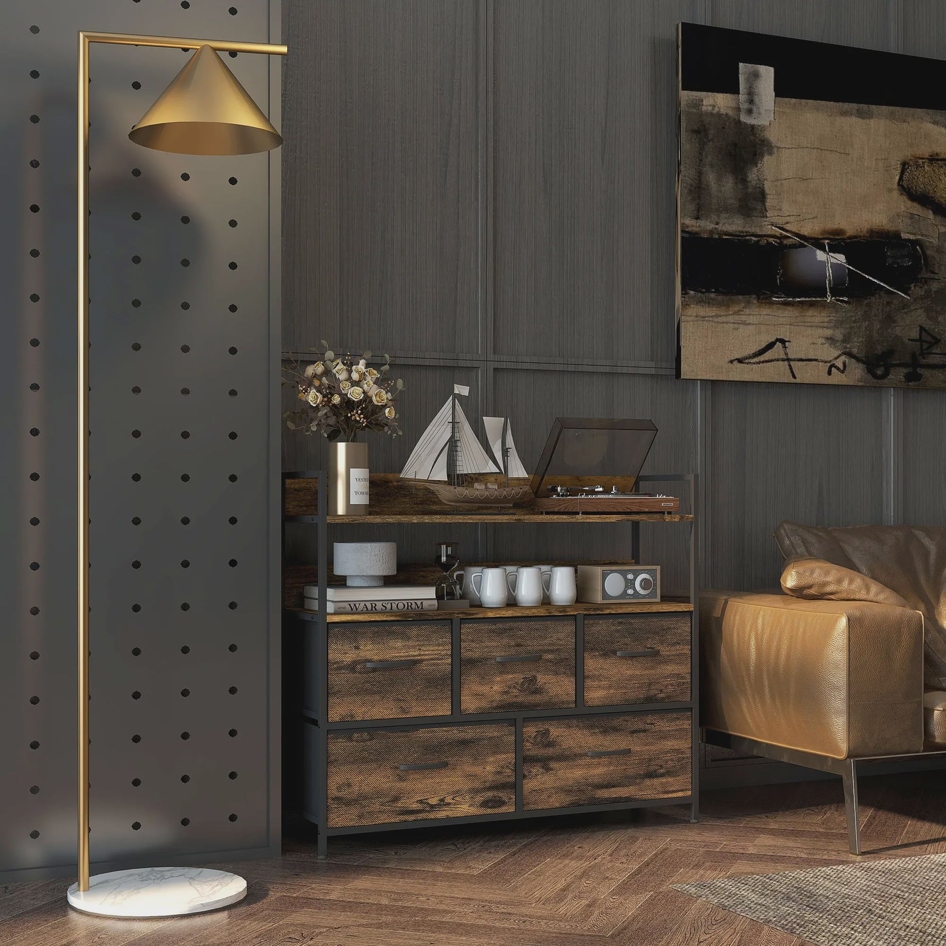 Stijlvolle Opbergkast met 5 Stoffen Lades en Open Planken - Industrieel Design