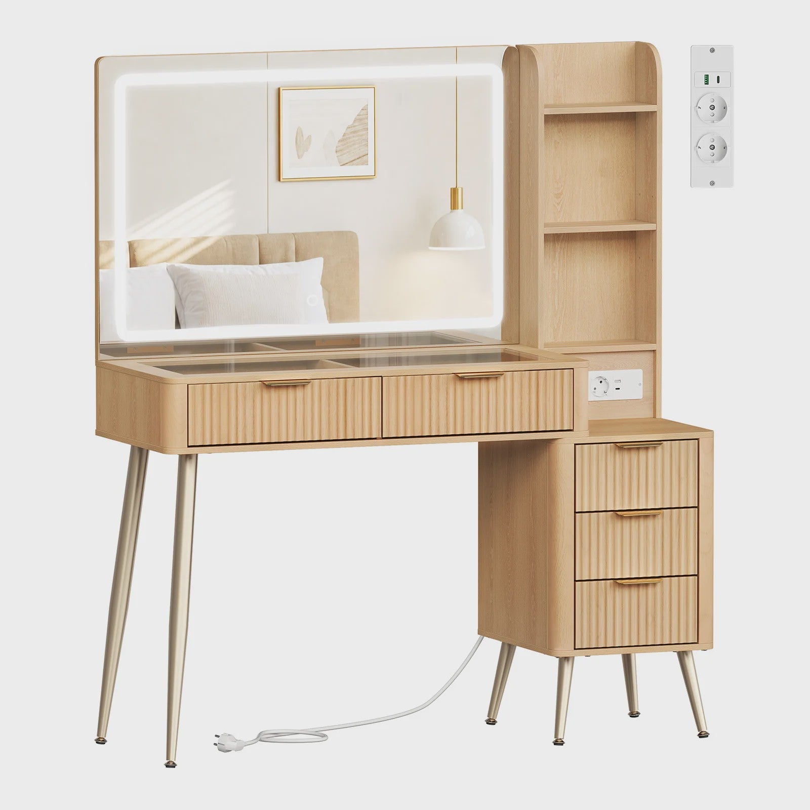 WOLTU Kaptafel met Groot LED Spiegel, Verstelbare Verlichting, Make-up Tafel met Lades en Stopcontact